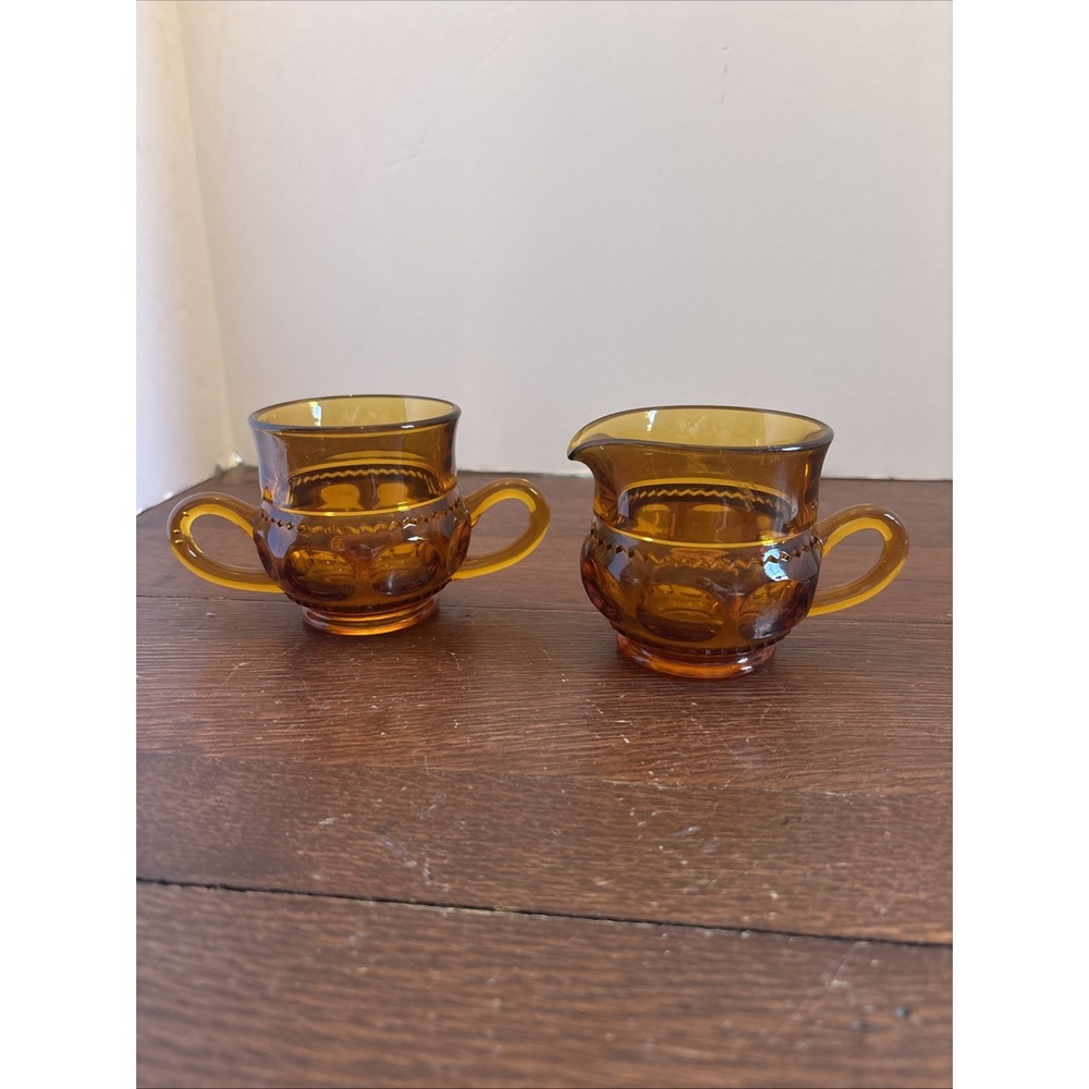 Vintage Indiana Glass Co. Kings Crown Thumbprint Sugar Bowl & Creamer Set Amber